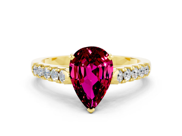 Yellow gold Pear Cut Garnet Pavé Band Solitaire Ring with Prong Setting