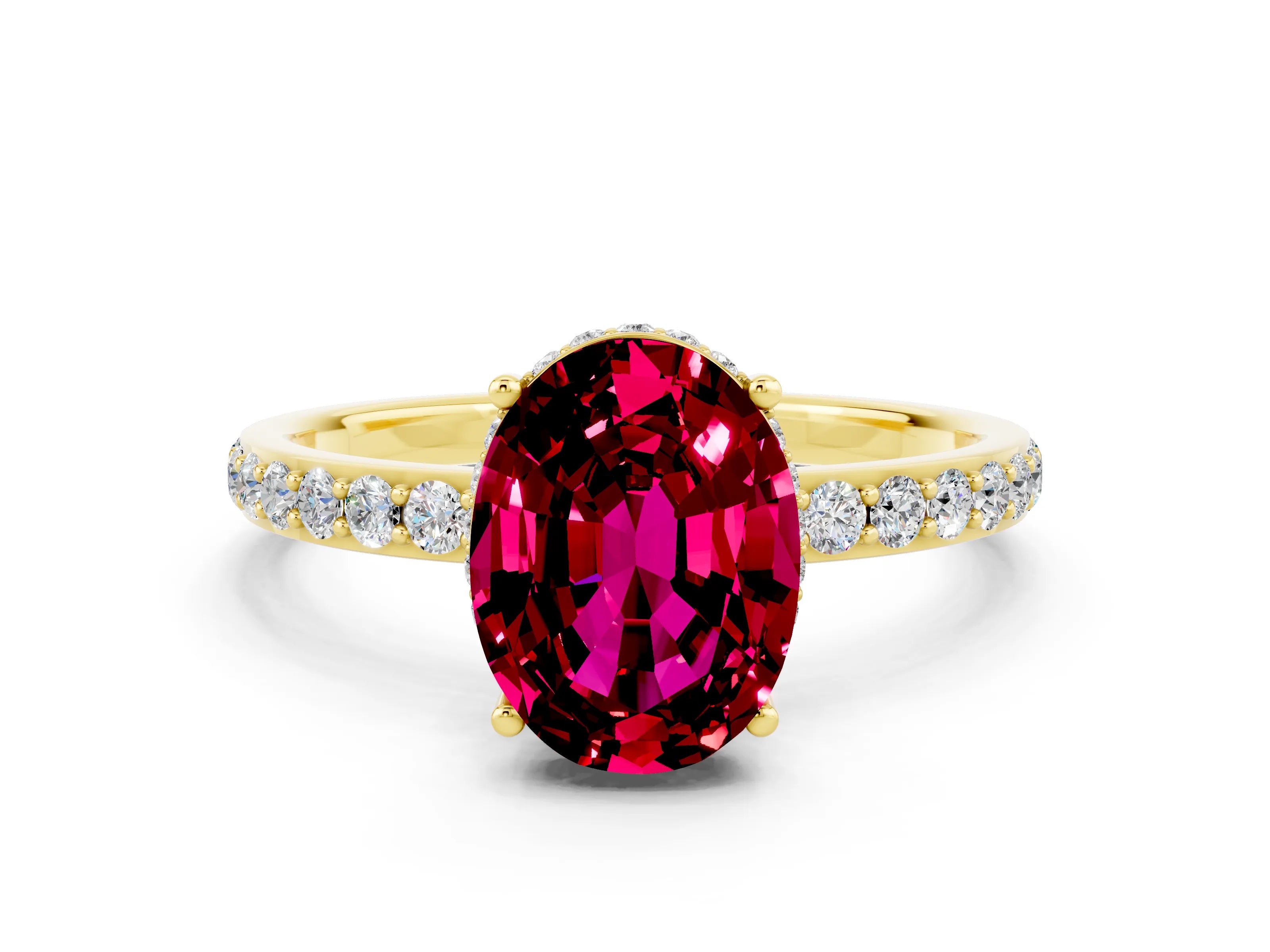 Yellow gold {shape_name} Garnet Solitaire Ring with Pavé Band and Hidden Halo