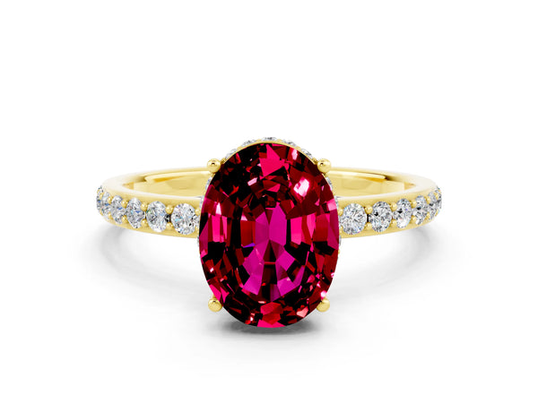 Yellow gold Oval Cut Garnet Solitaire Ring with Pavé Band and Hidden Halo