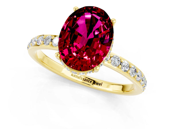Yellow gold Oval Cut Garnet Solitaire Ring with Pavé Band and Hidden Halo