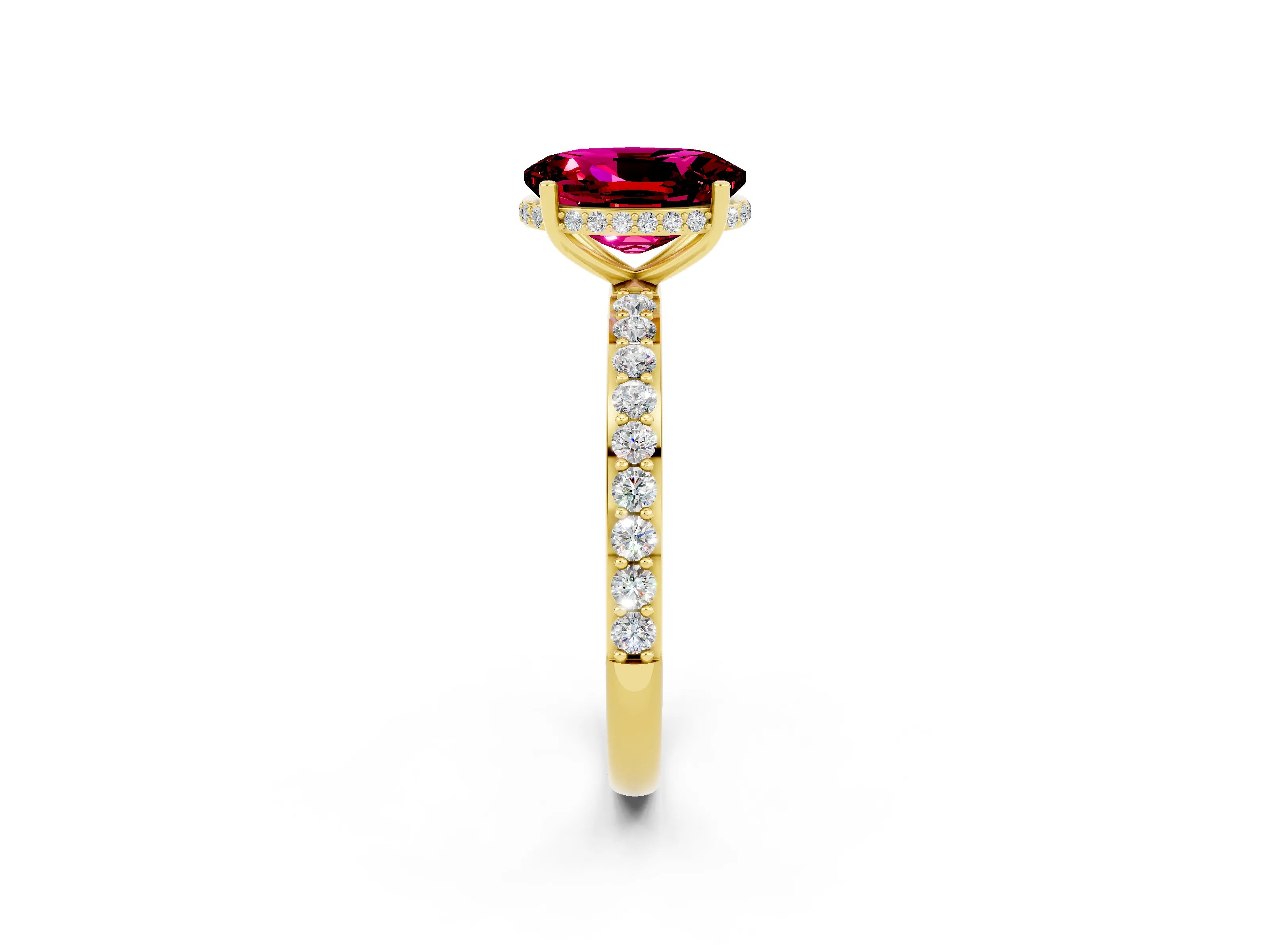 Yellow gold {shape_name} Garnet Solitaire Ring with Pavé Band and Hidden Halo_2