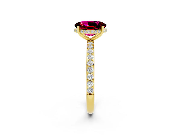 Yellow gold Oval Cut Garnet Solitaire Ring with Pavé Band and Hidden Halo