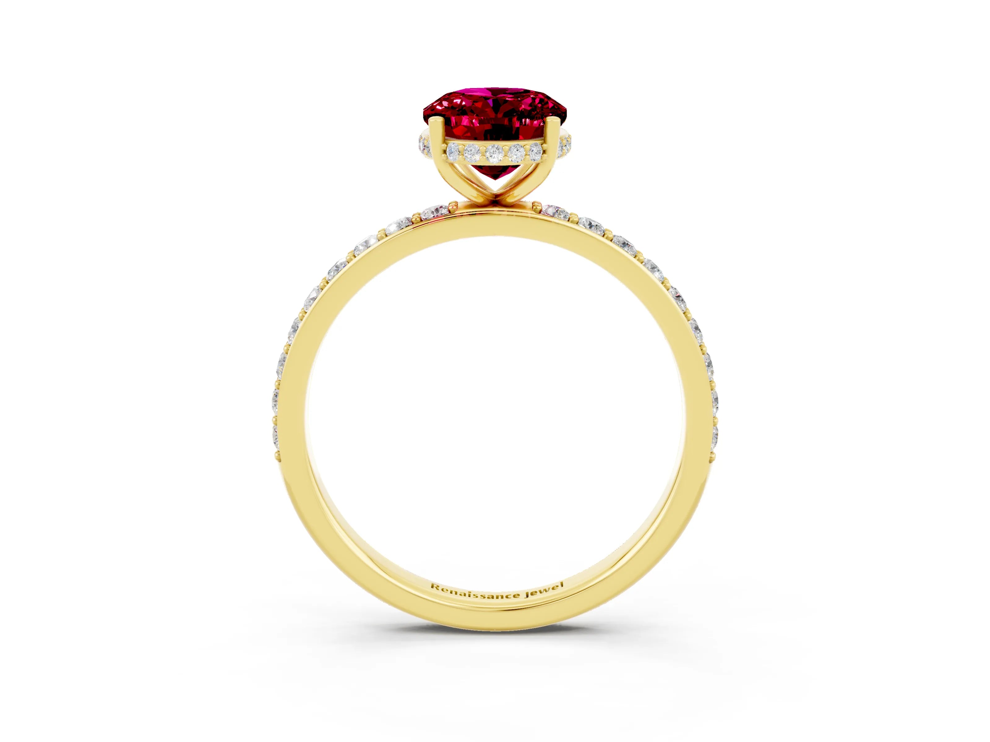 Yellow gold {shape_name} Garnet Solitaire Ring with Pavé Band and Hidden Halo_3