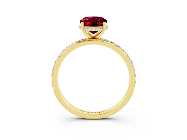 Yellow gold Oval Cut Garnet Solitaire Ring with Pavé Band and Hidden Halo