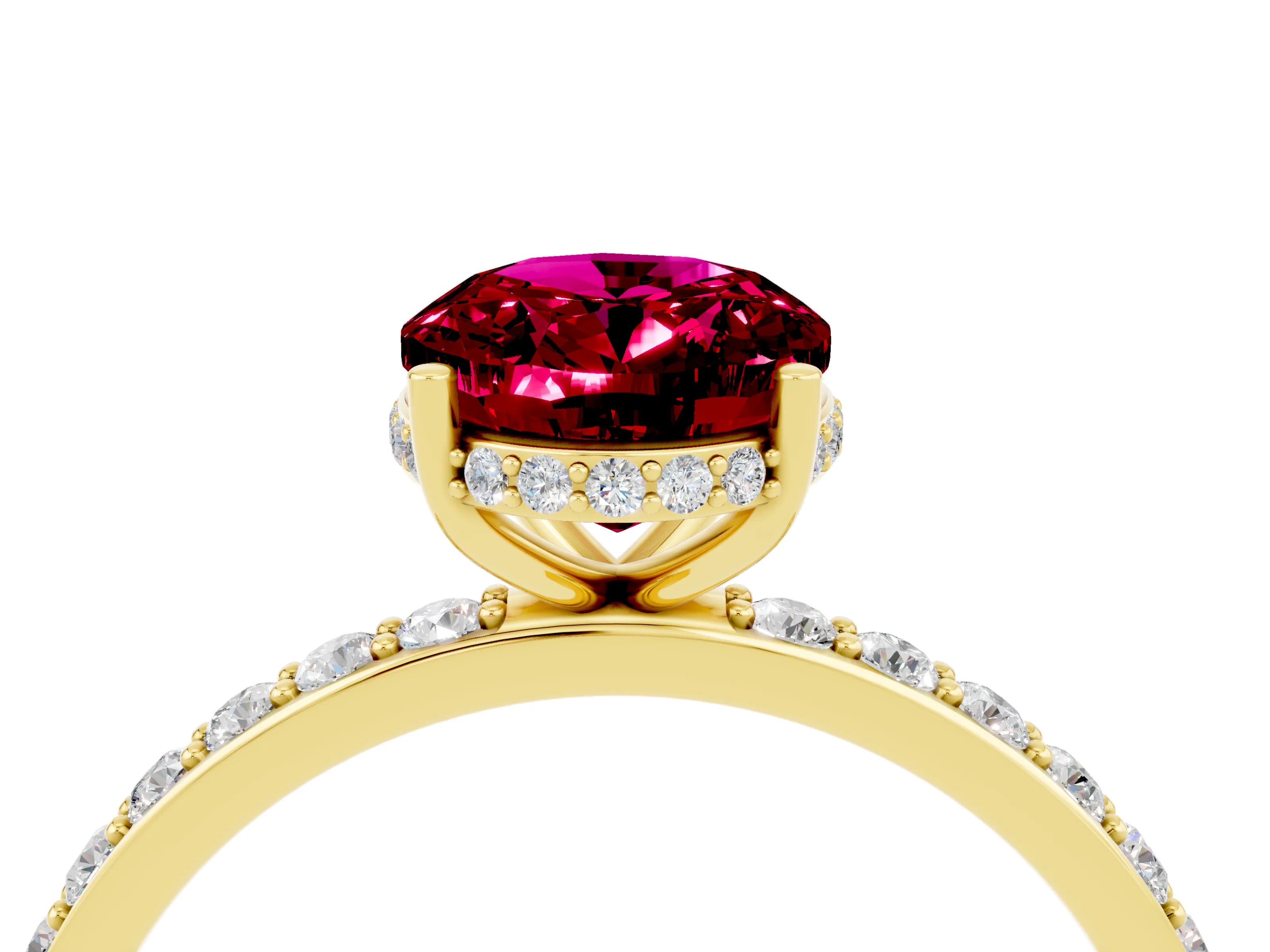 Yellow gold {shape_name} Garnet Solitaire Ring with Pavé Band and Hidden Halo_4