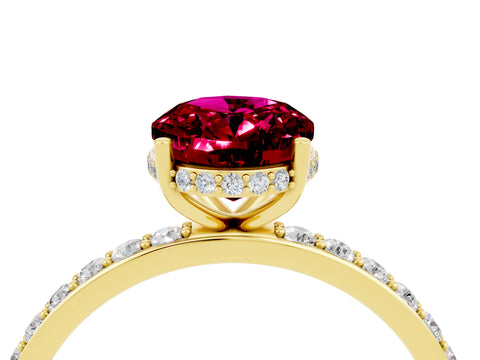 Yellow gold {shape_name} Garnet Solitaire Ring with Pavé Band and Hidden Halo_4
