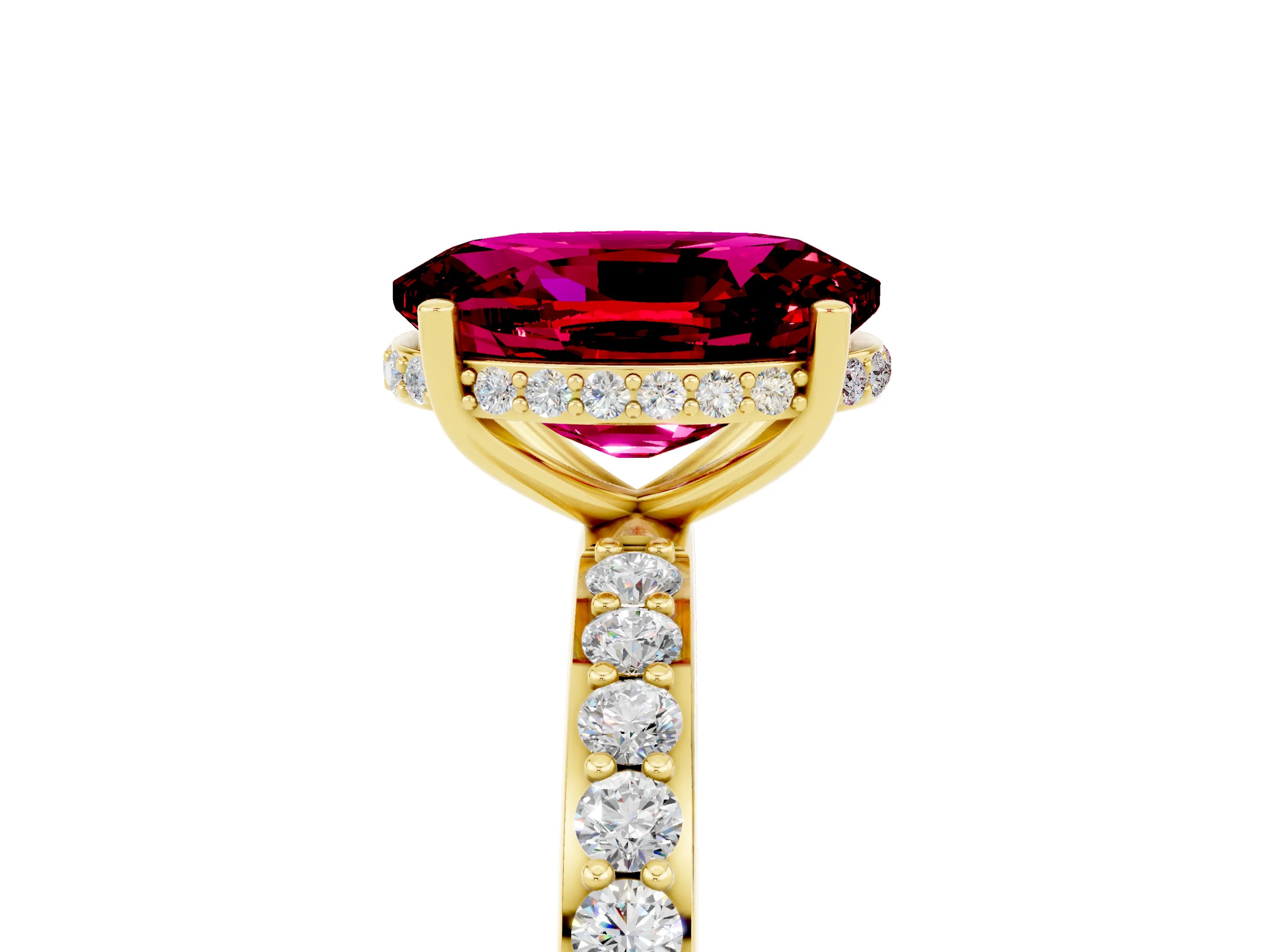 Yellow gold {shape_name} Garnet Solitaire Ring with Pavé Band and Hidden Halo_5