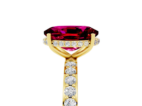 Yellow gold {shape_name} Garnet Solitaire Ring with Pavé Band and Hidden Halo_5