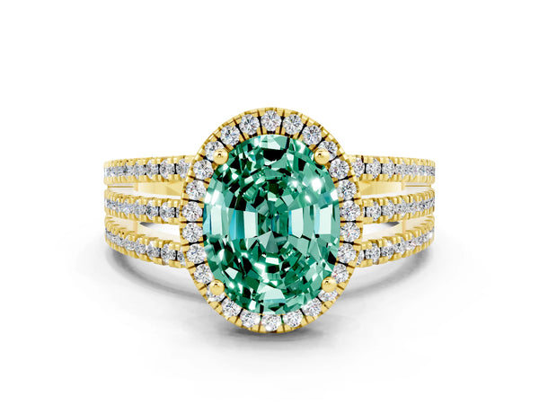 Yellow gold Oval Cut Green Sapphire Halo Engagement Ring with Split Shank and Four-Prong Setting