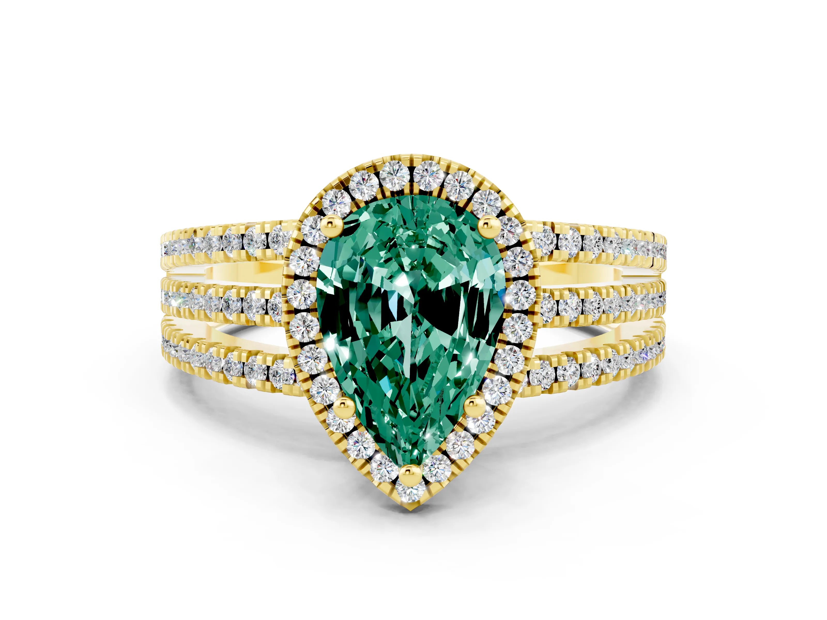 Yellow gold {shape_name} Green Sapphire Halo Engagement Ring with Split Shank and Four-Prong Setting