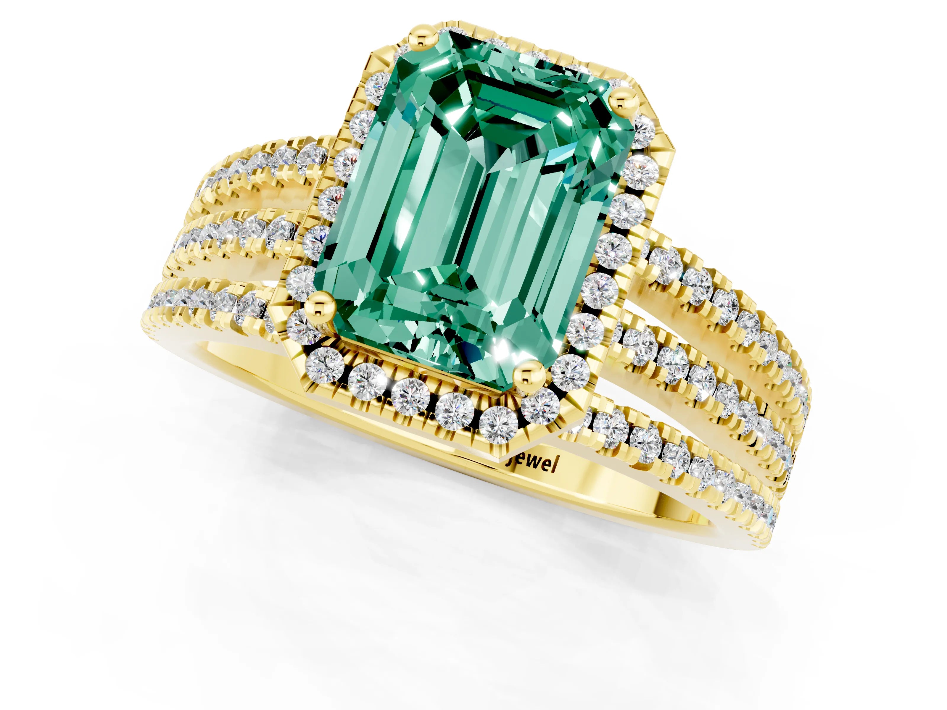 Yellow gold {shape_name} Green Sapphire Halo Engagement Ring with Split Shank and Four-Prong Setting_1