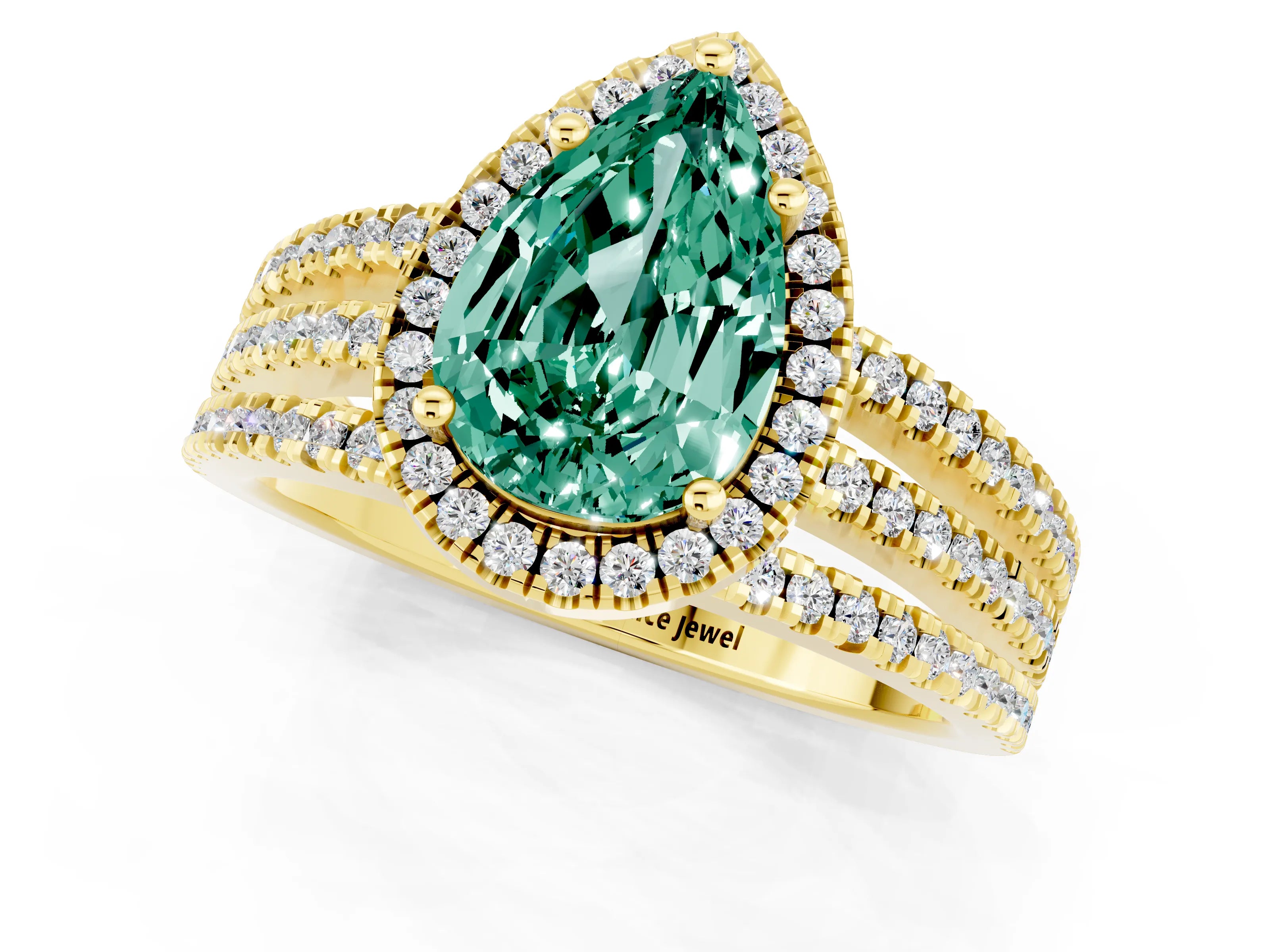 Yellow gold {shape_name} Green Sapphire Halo Engagement Ring with Split Shank and Four-Prong Setting_1