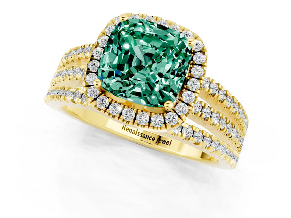 Yellow gold Cushion Cut Green Sapphire Halo Engagement Ring with Split Shank and Four-Prong Setting