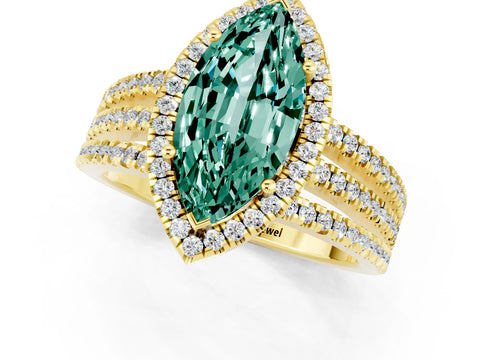 Yellow gold {shape_name} Green Sapphire Halo Engagement Ring with Split Shank and Four-Prong Setting_1