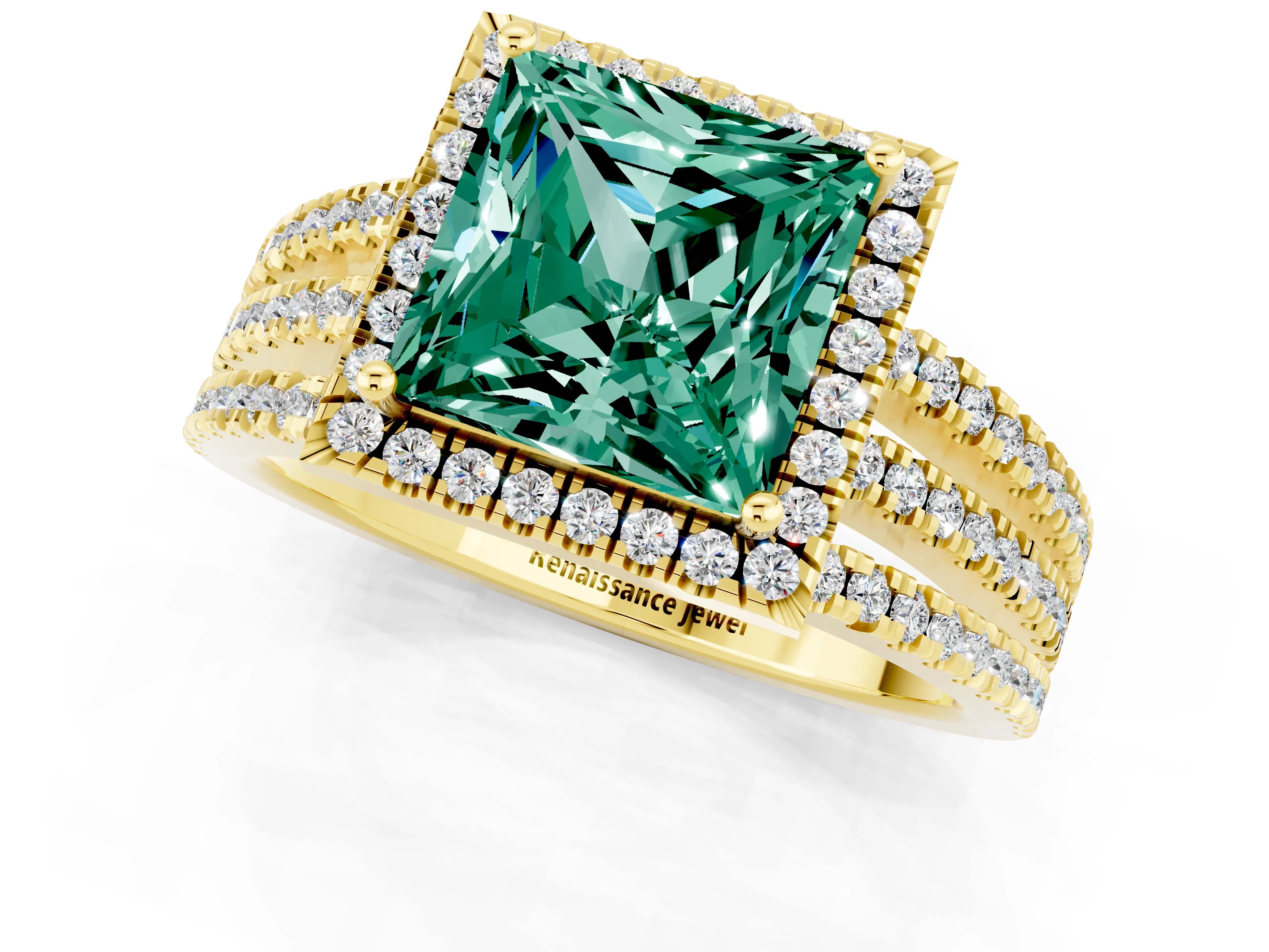 Yellow gold {shape_name} Green Sapphire Halo Engagement Ring with Split Shank and Four-Prong Setting_1