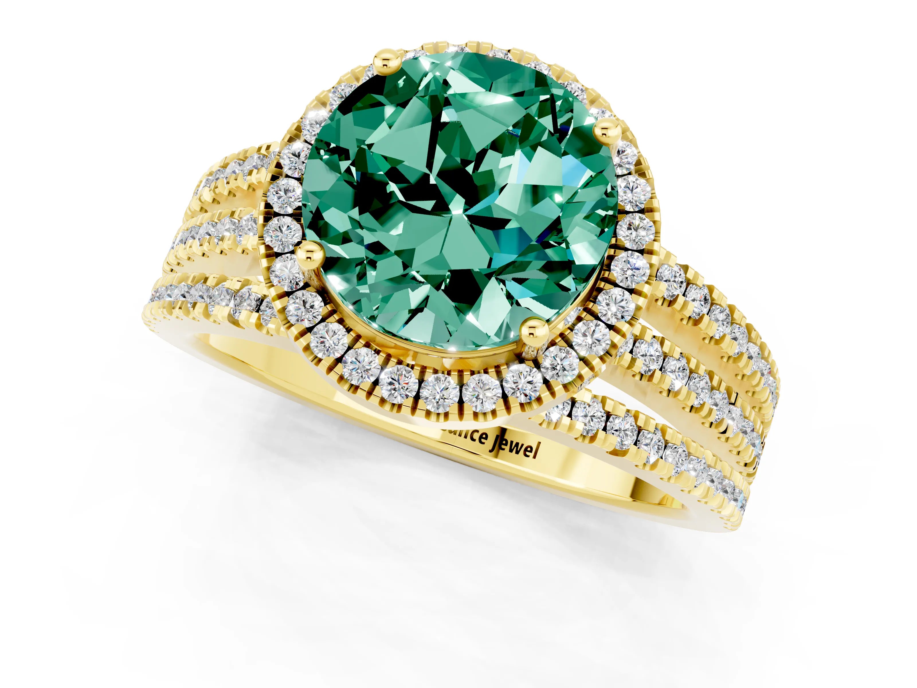 Yellow gold {shape_name} Green Sapphire Halo Engagement Ring with Split Shank and Four-Prong Setting_1