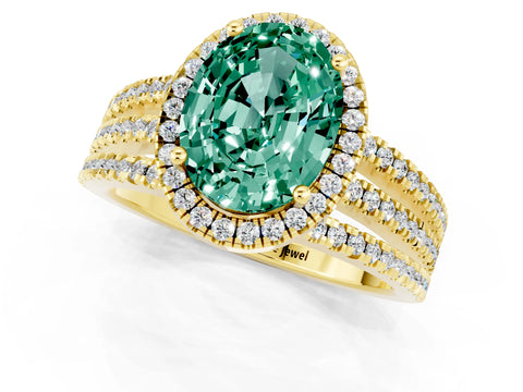 Yellow gold {shape_name} Green Sapphire Halo Engagement Ring with Split Shank and Four-Prong Setting_1