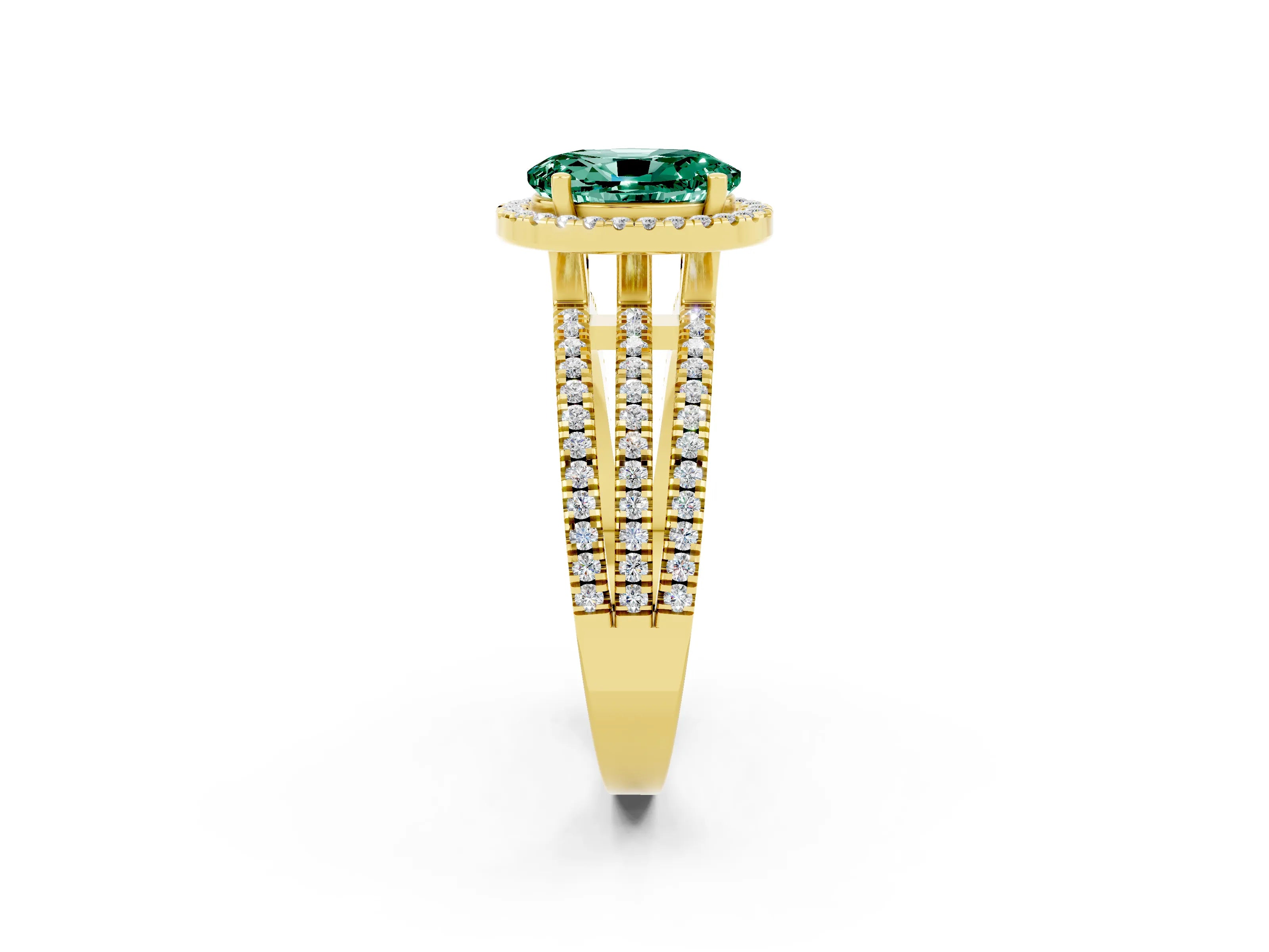 Yellow gold {shape_name} Green Sapphire Halo Engagement Ring with Split Shank and Four-Prong Setting_2
