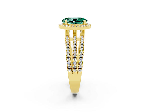 Yellow gold Oval Cut Green Sapphire Halo Engagement Ring with Split Shank and Four-Prong Setting