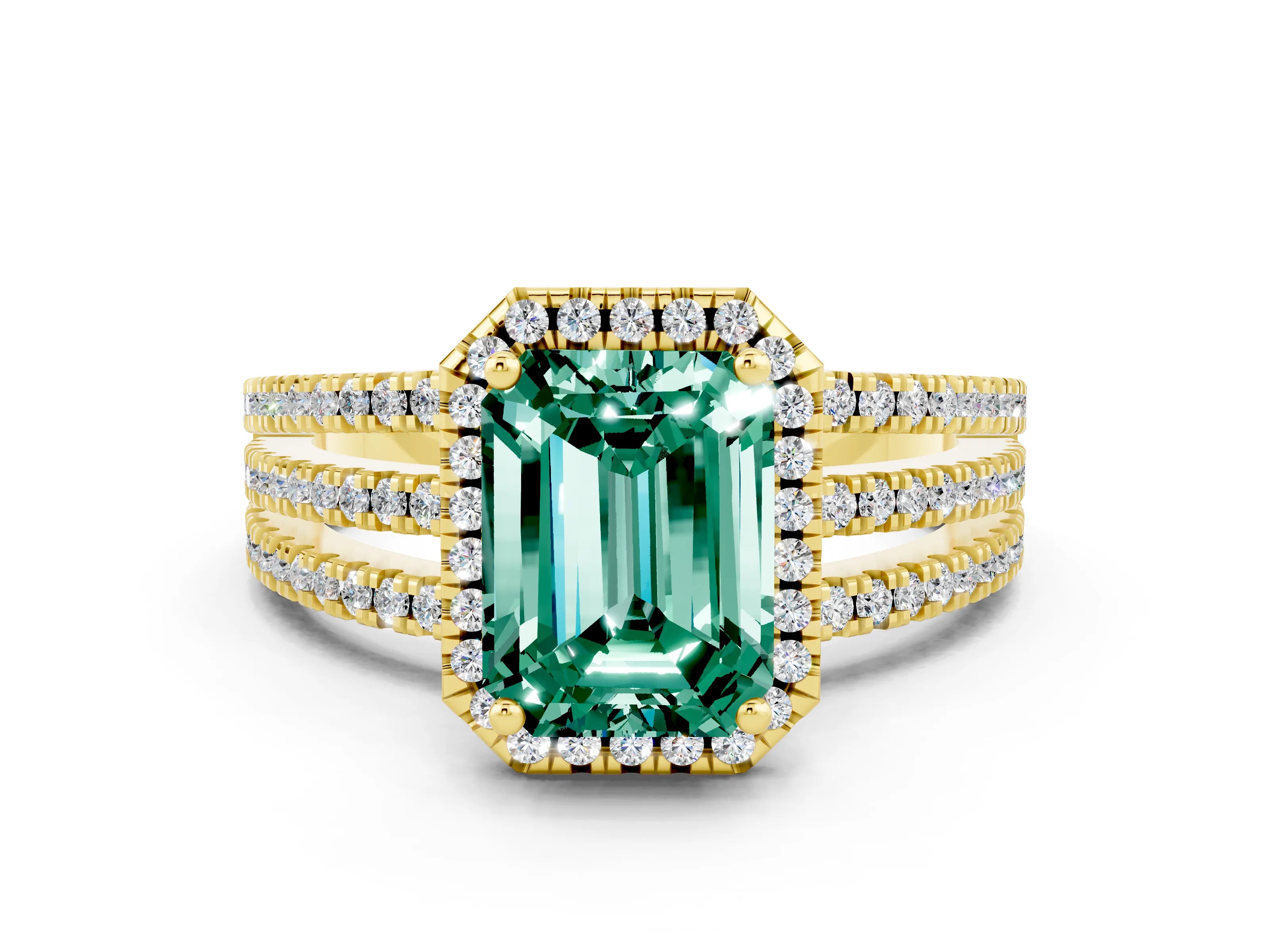 Yellow gold {shape_name} Green Sapphire Halo Engagement Ring with Split Shank and Four-Prong Setting