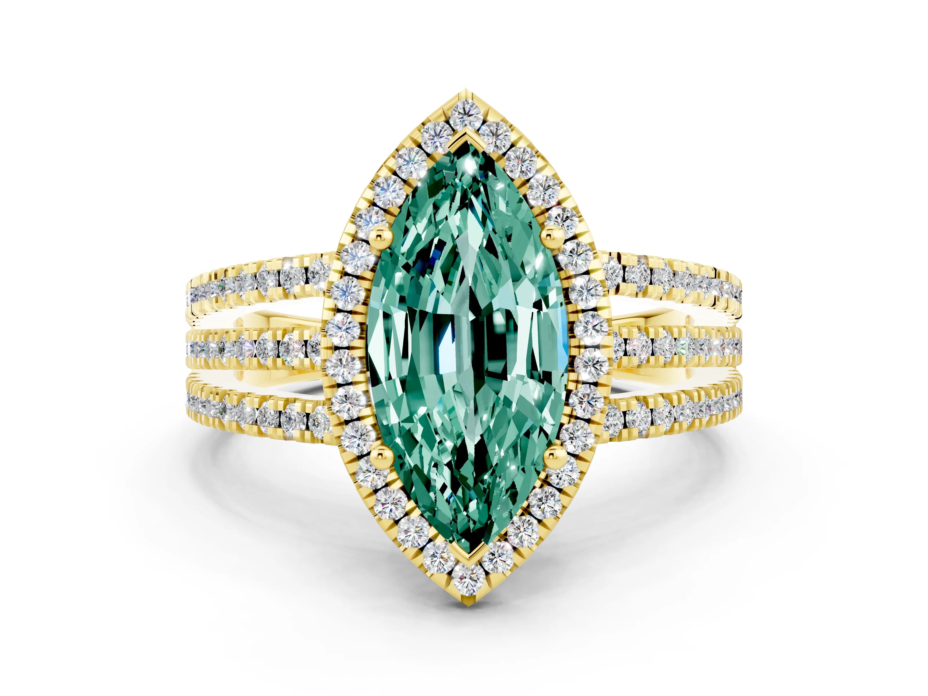 Yellow gold {shape_name} Green Sapphire Halo Engagement Ring with Split Shank and Four-Prong Setting
