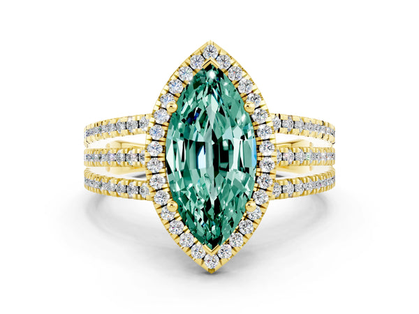 Yellow gold Marquise Cut Green Sapphire Halo Engagement Ring with Split Shank and Four-Prong Setting