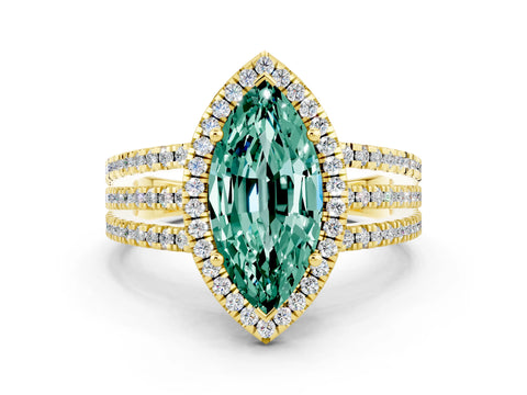 Yellow gold {shape_name} Green Sapphire Halo Engagement Ring with Split Shank and Four-Prong Setting