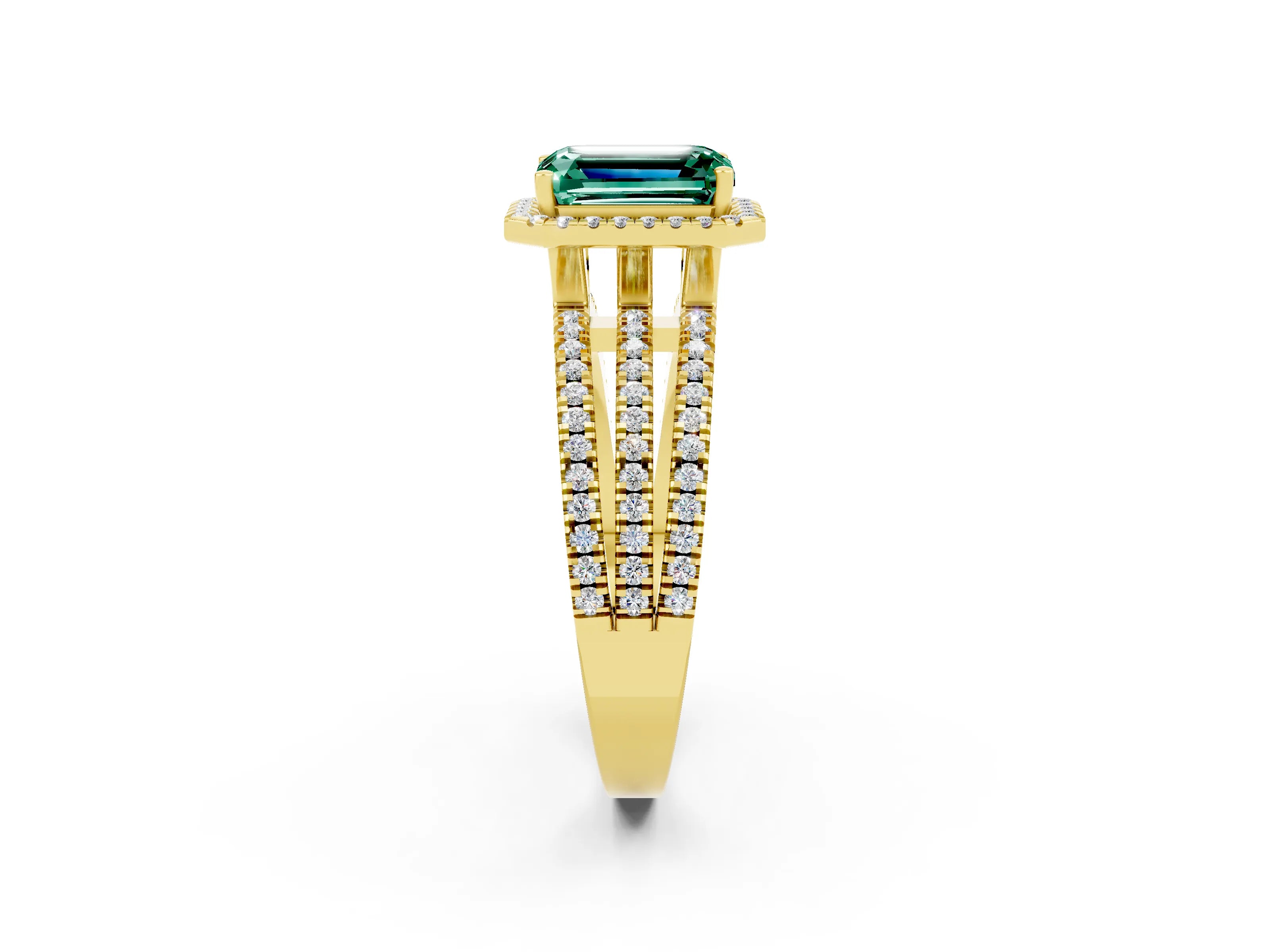 Yellow gold {shape_name} Green Sapphire Halo Engagement Ring with Split Shank and Four-Prong Setting_2