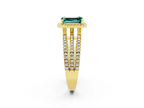 Yellow gold Emerald Cut Green Sapphire Halo Engagement Ring with Split Shank and Four-Prong Setting