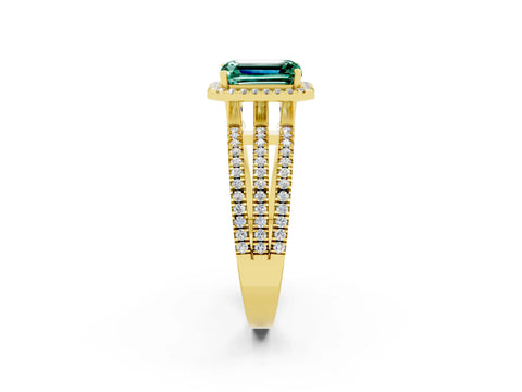 Yellow gold {shape_name} Green Sapphire Halo Engagement Ring with Split Shank and Four-Prong Setting_2