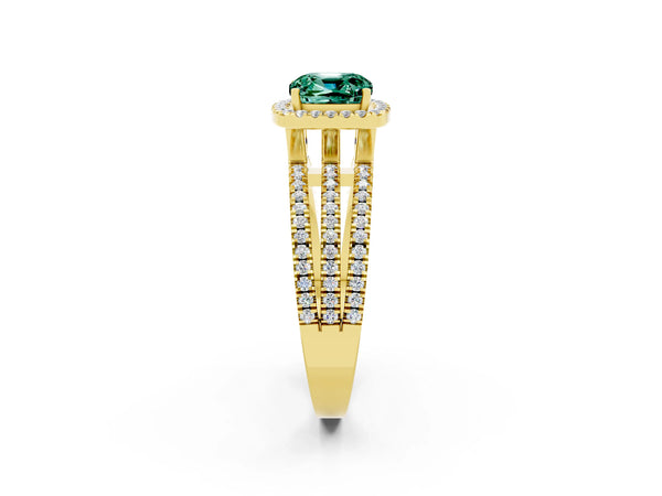 Yellow gold Cushion Cut Green Sapphire Halo Engagement Ring with Split Shank and Four-Prong Setting