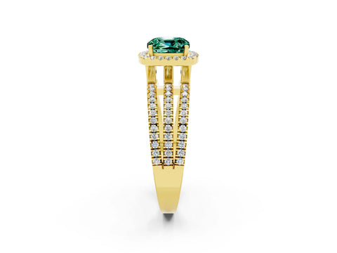 Yellow gold {shape_name} Green Sapphire Halo Engagement Ring with Split Shank and Four-Prong Setting_2