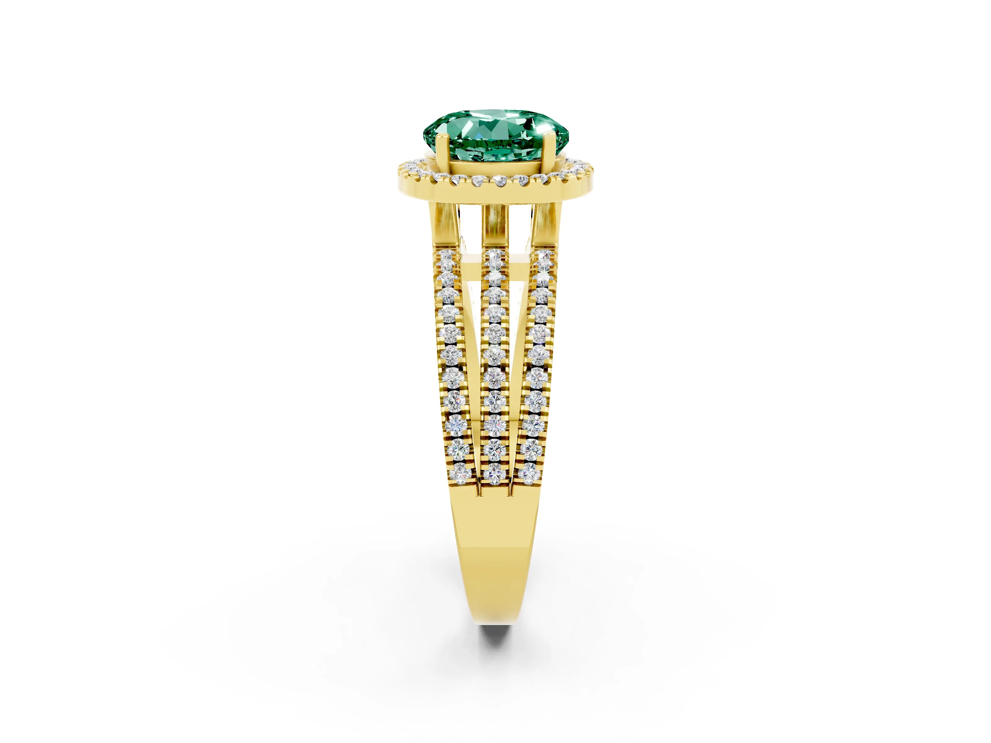 Yellow gold {shape_name} Green Sapphire Halo Engagement Ring with Split Shank and Four-Prong Setting_2