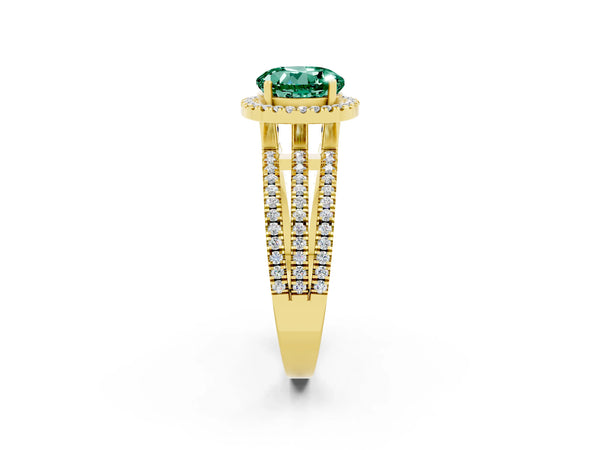 Yellow gold Round Cut Green Sapphire Halo Engagement Ring with Split Shank and Four-Prong Setting
