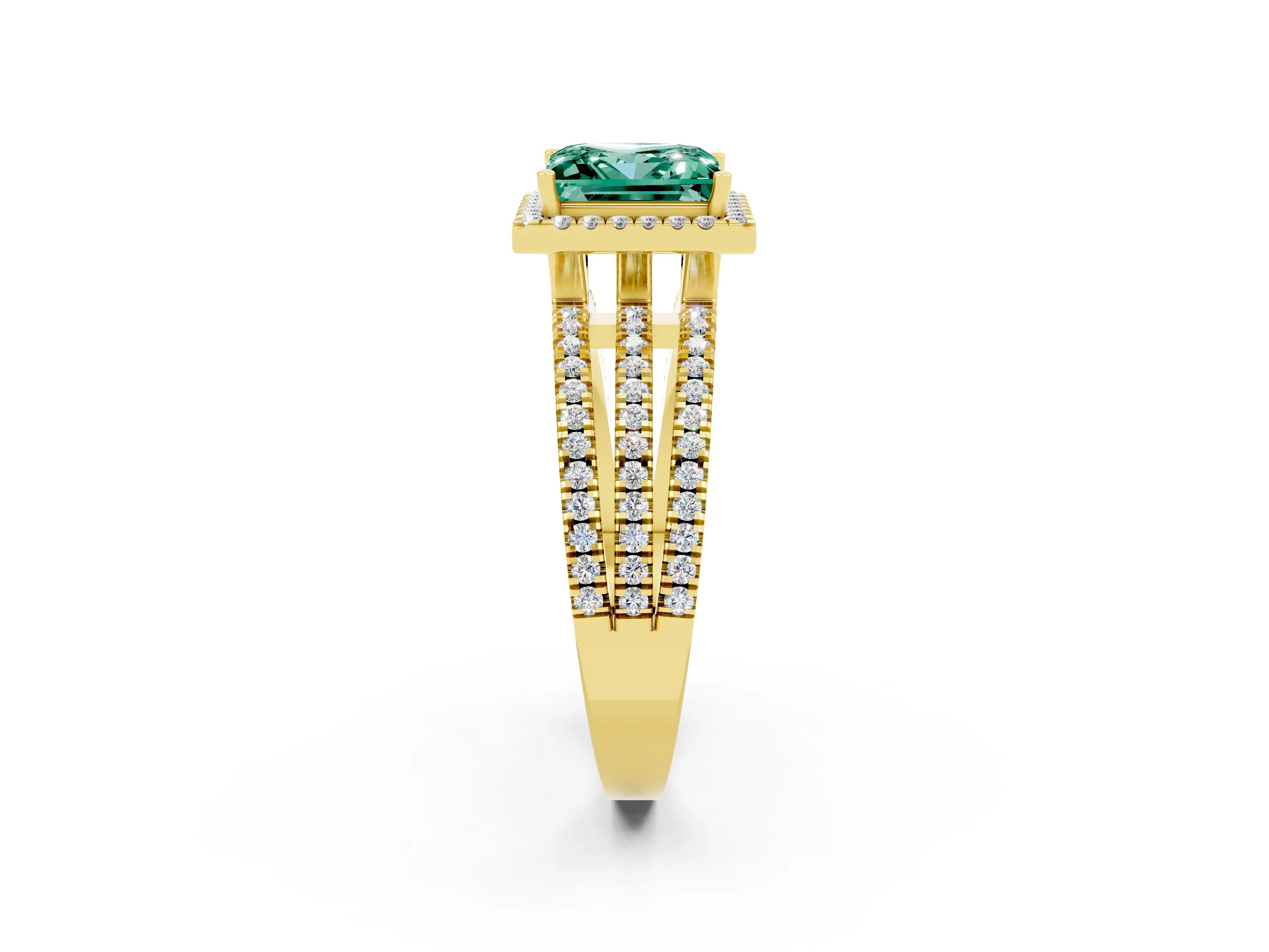 Yellow gold {shape_name} Green Sapphire Halo Engagement Ring with Split Shank and Four-Prong Setting_2