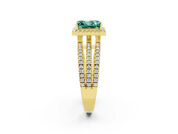 Yellow gold Princess Cut Green Sapphire Halo Engagement Ring with Split Shank and Four-Prong Setting