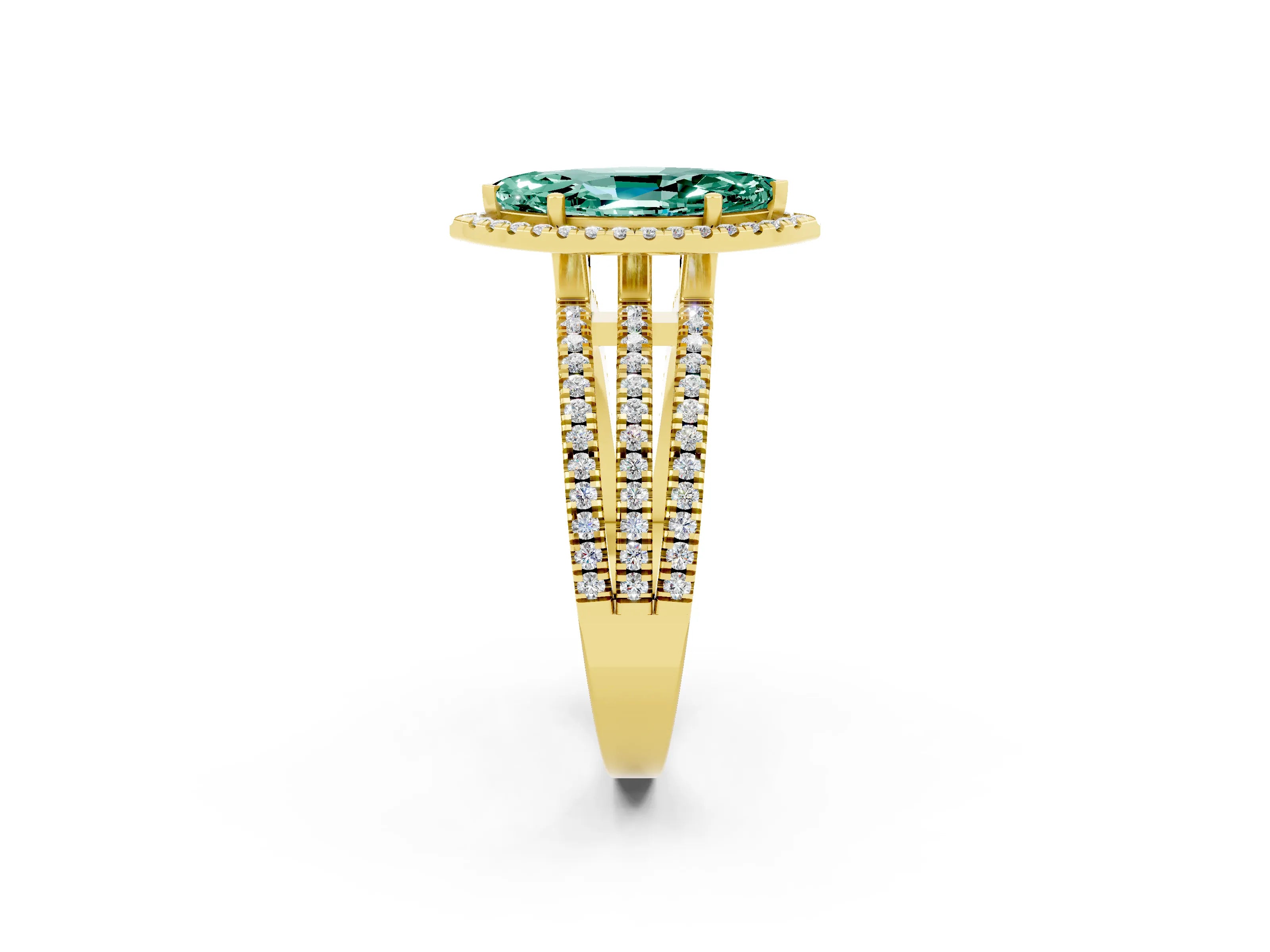 Yellow gold {shape_name} Green Sapphire Halo Engagement Ring with Split Shank and Four-Prong Setting_2