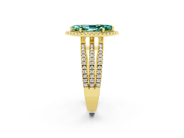 Yellow gold Marquise Cut Green Sapphire Halo Engagement Ring with Split Shank and Four-Prong Setting