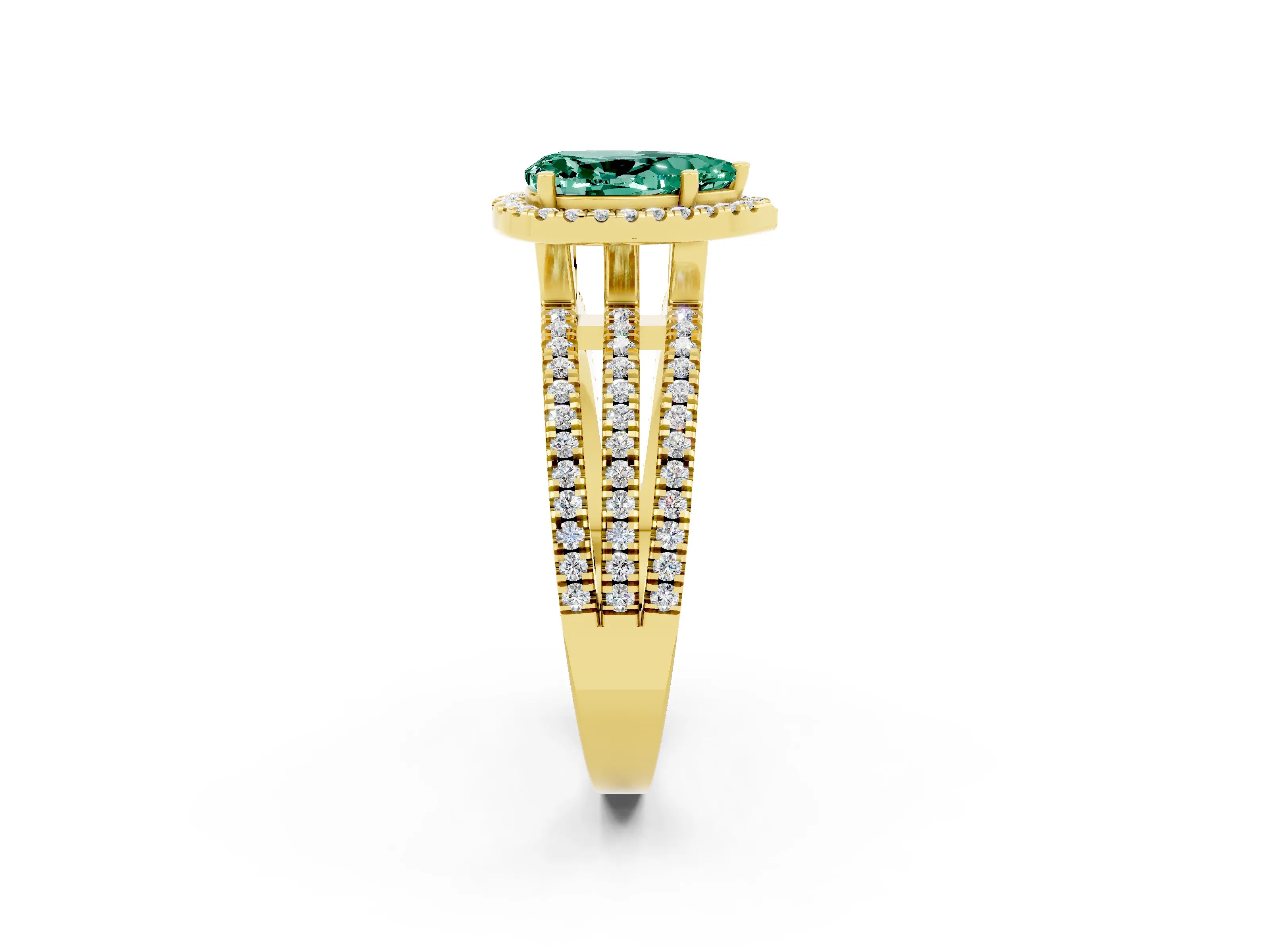 Yellow gold {shape_name} Green Sapphire Halo Engagement Ring with Split Shank and Four-Prong Setting_2