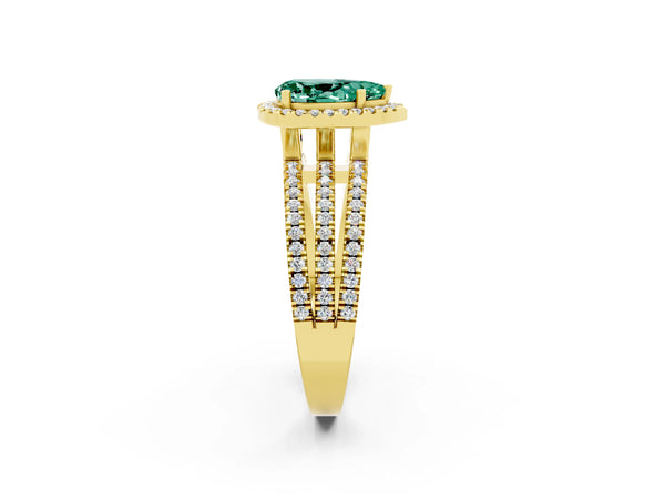 Yellow gold Pear Cut Green Sapphire Halo Engagement Ring with Split Shank and Four-Prong Setting