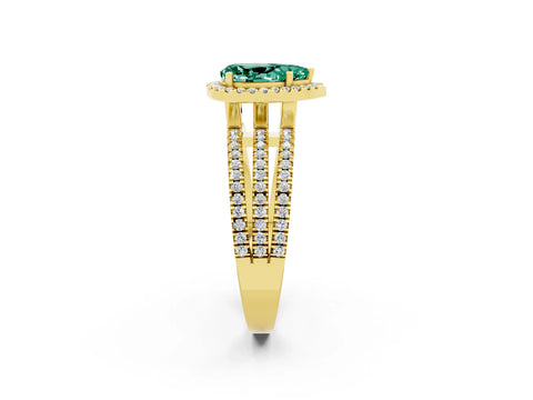 Yellow gold {shape_name} Green Sapphire Halo Engagement Ring with Split Shank and Four-Prong Setting_2