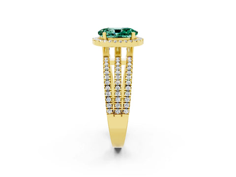 Yellow gold {shape_name} Green Sapphire Halo Engagement Ring with Split Shank and Four-Prong Setting_2