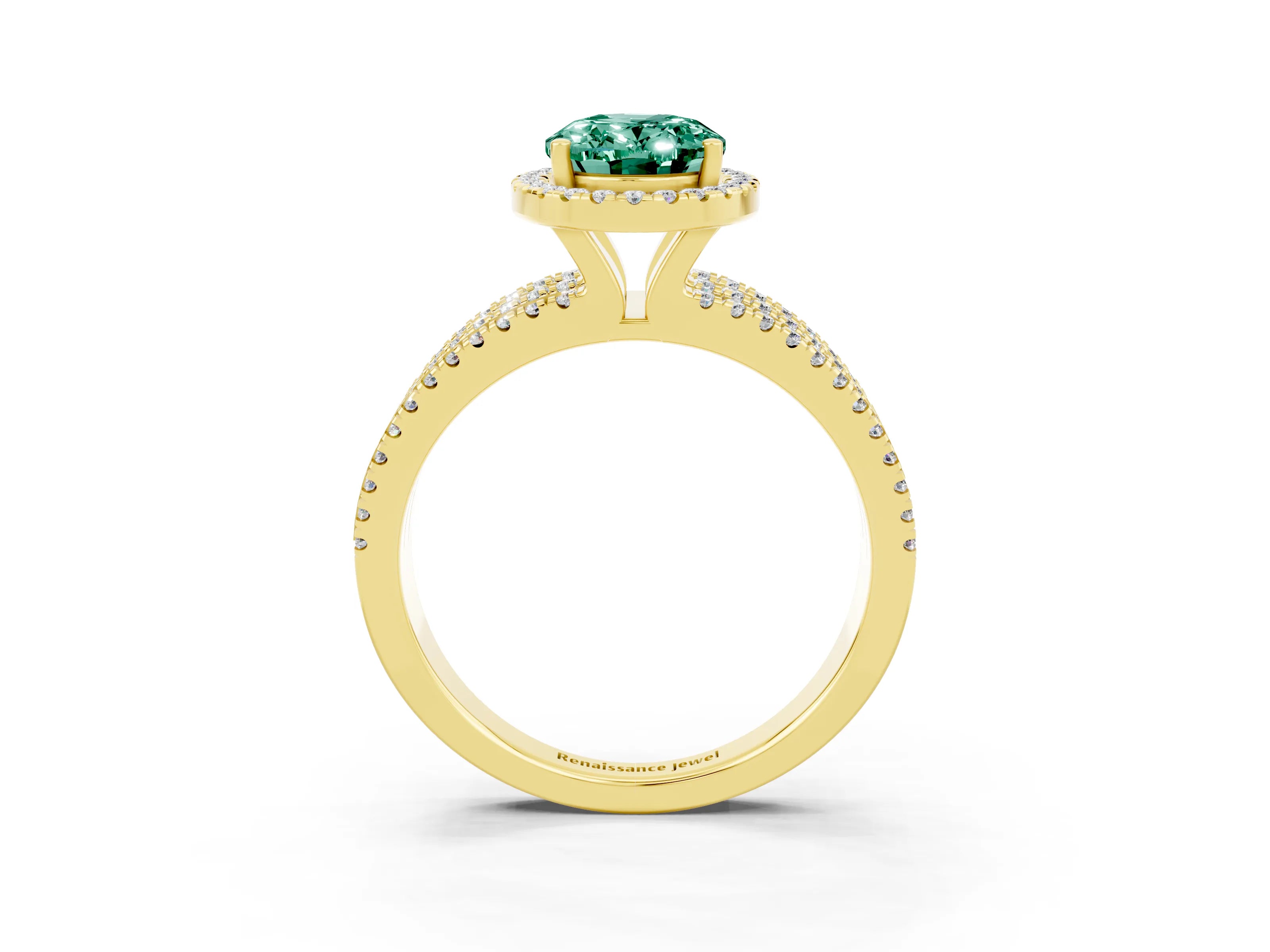 Yellow gold {shape_name} Green Sapphire Halo Engagement Ring with Split Shank and Four-Prong Setting_3