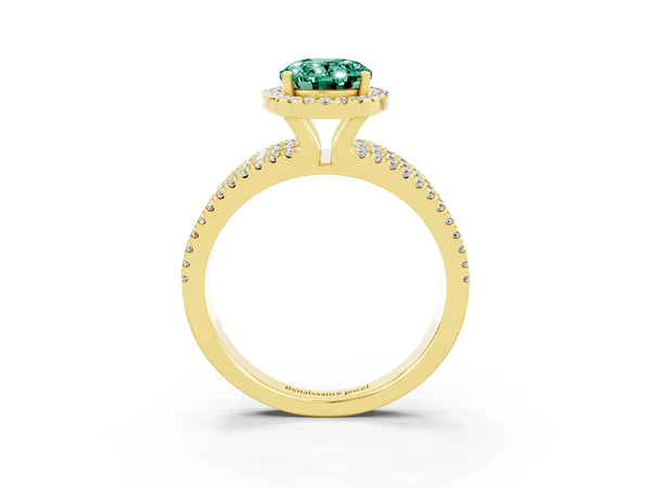 Yellow gold Oval Cut Green Sapphire Halo Engagement Ring with Split Shank and Four-Prong Setting