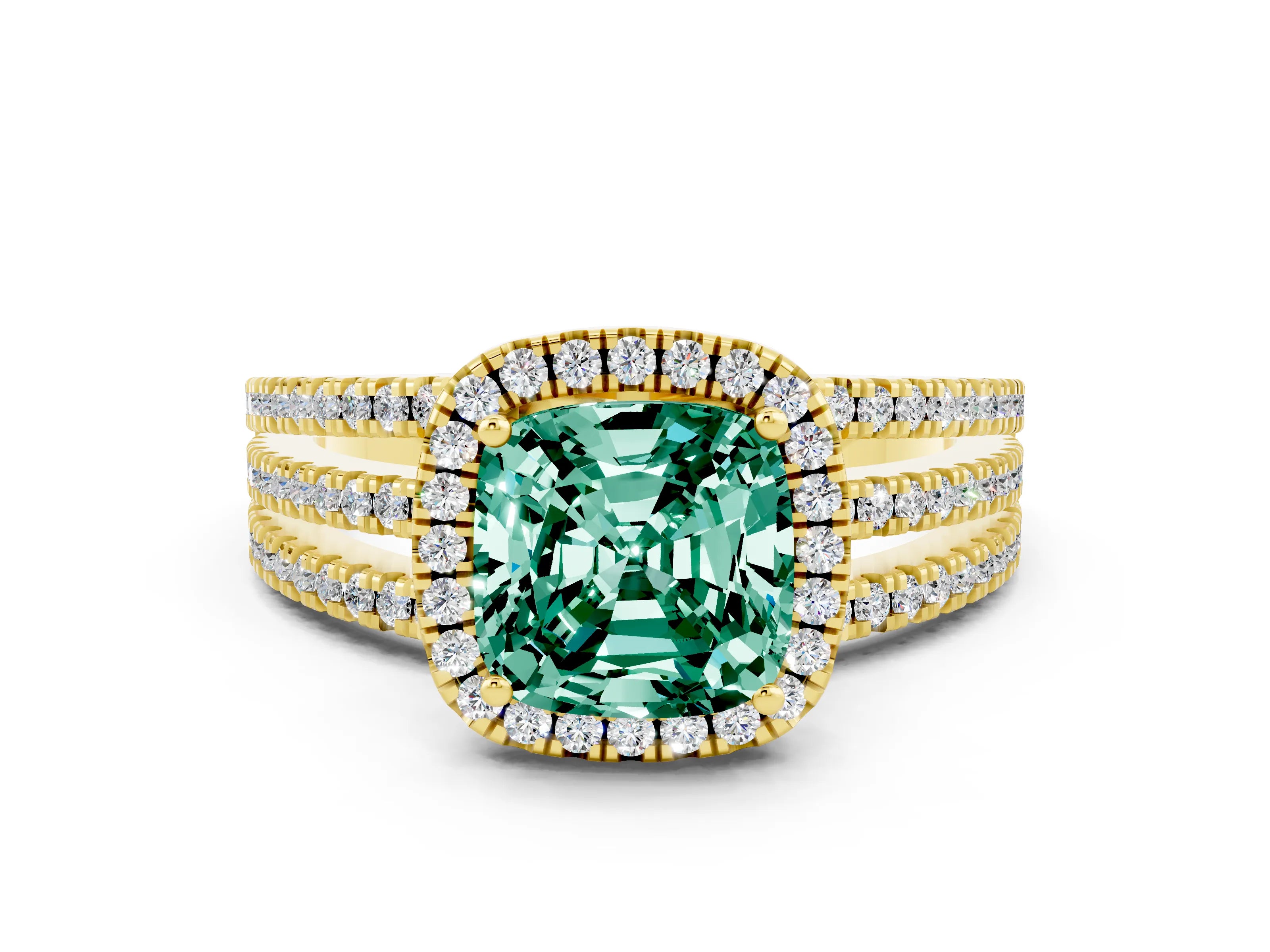 Yellow gold {shape_name} Green Sapphire Halo Engagement Ring with Split Shank and Four-Prong Setting