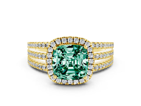 Yellow gold {shape_name} Green Sapphire Halo Engagement Ring with Split Shank and Four-Prong Setting