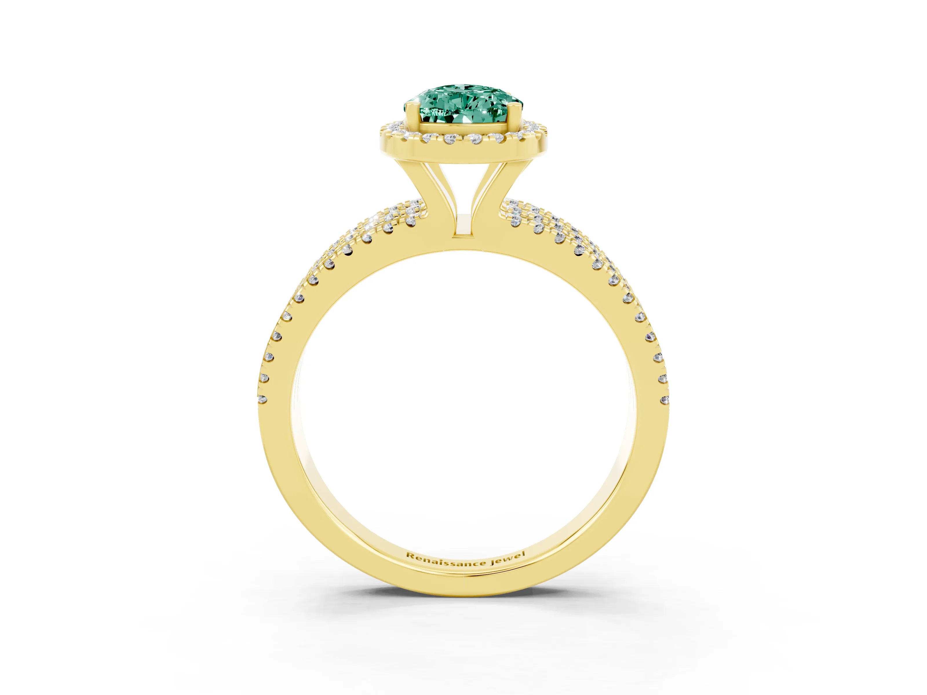 Yellow gold {shape_name} Green Sapphire Halo Engagement Ring with Split Shank and Four-Prong Setting_3