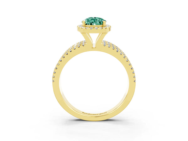 Yellow gold Pear Cut Green Sapphire Halo Engagement Ring with Split Shank and Four-Prong Setting