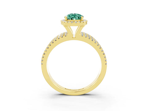 Yellow gold {shape_name} Green Sapphire Halo Engagement Ring with Split Shank and Four-Prong Setting_3