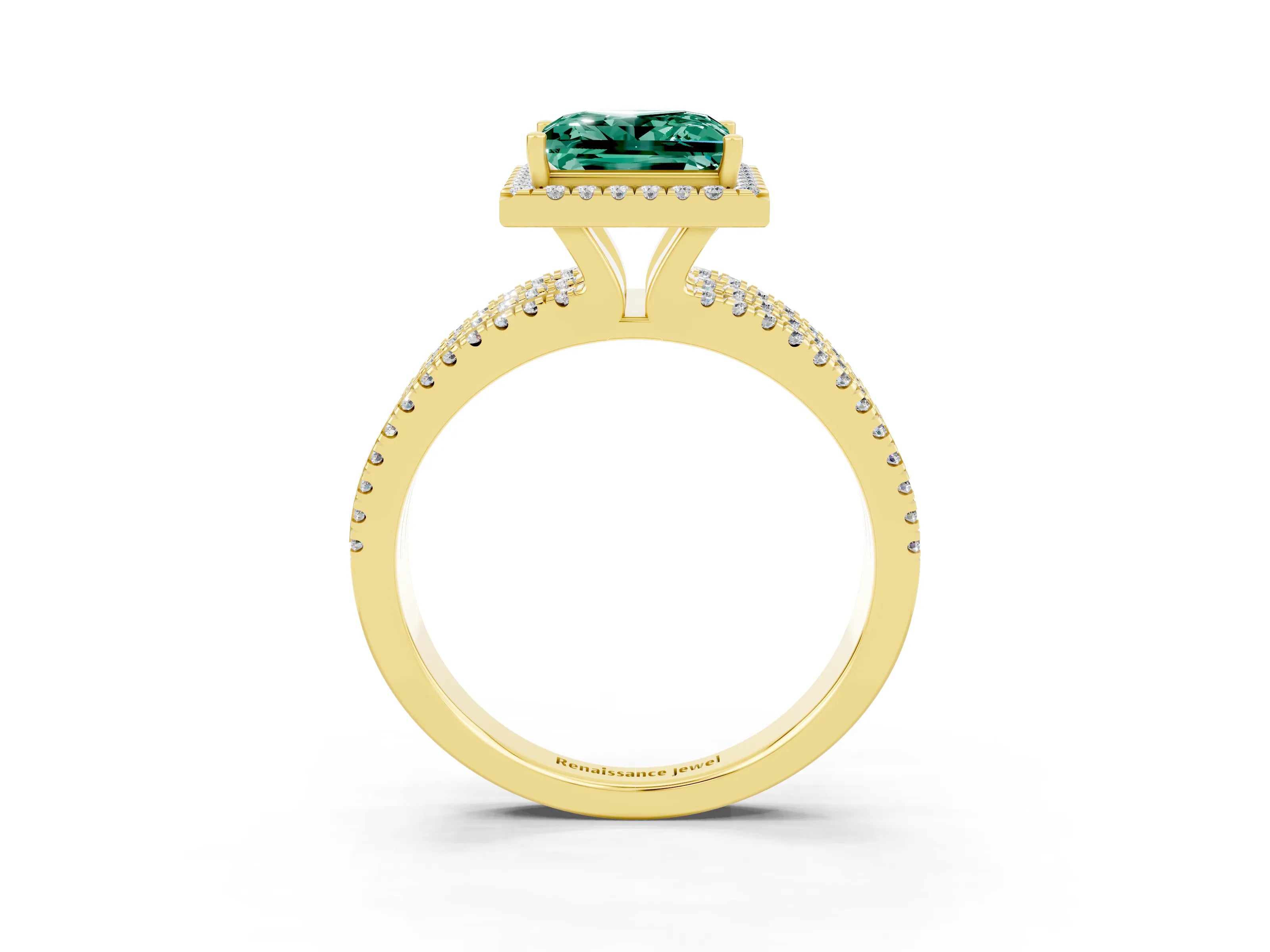 Yellow gold {shape_name} Green Sapphire Halo Engagement Ring with Split Shank and Four-Prong Setting_3